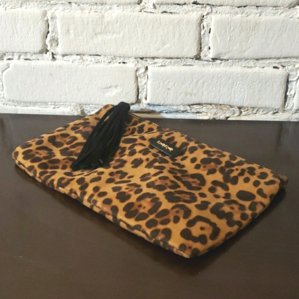 bebe lovely leopard-print clutch suede finish with tassle  NWOT